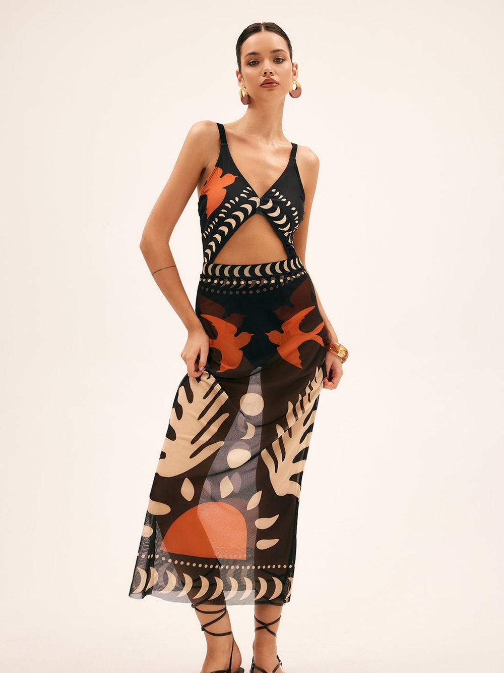 Commense Bird Print Mesh Cover Up Boho Maxi Skirt Size Large NWT